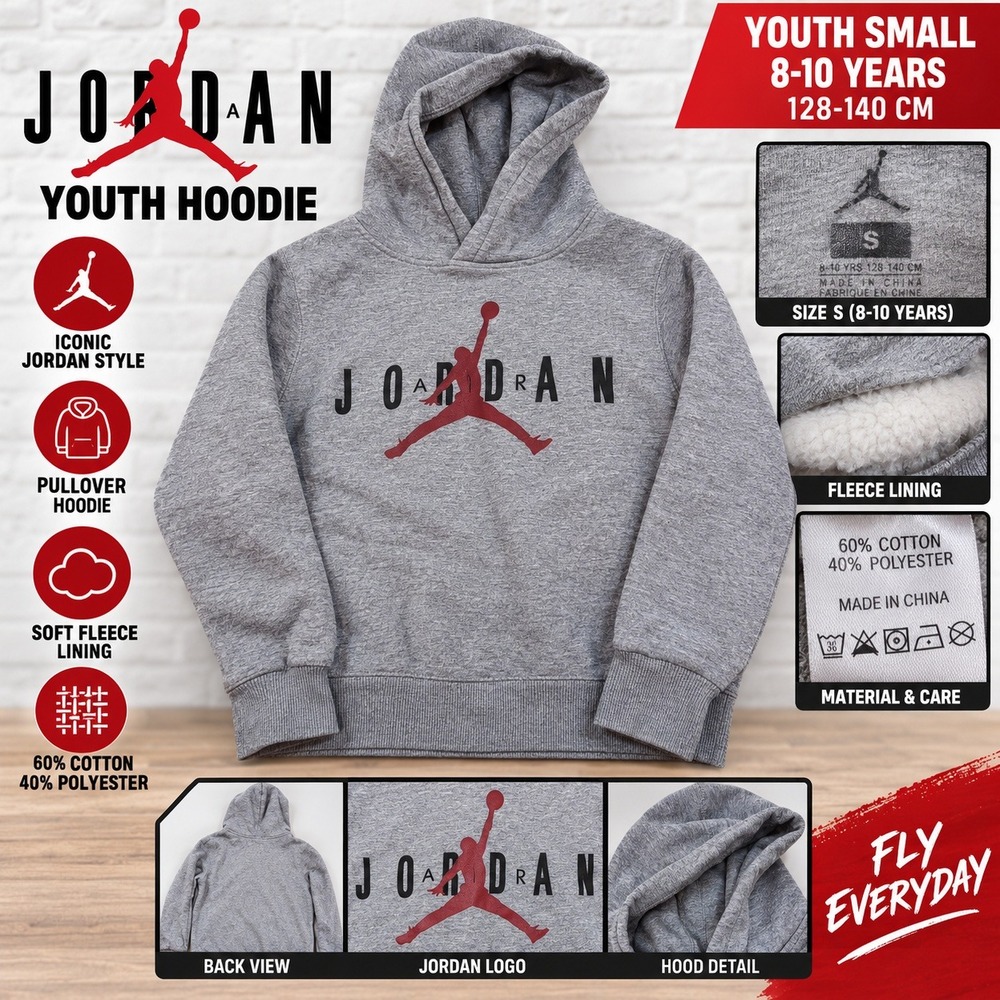 Jordan Youth Small Gray Pullover Hoodie Jumpman Logo Fleece 2358-GEH 8-10 Years